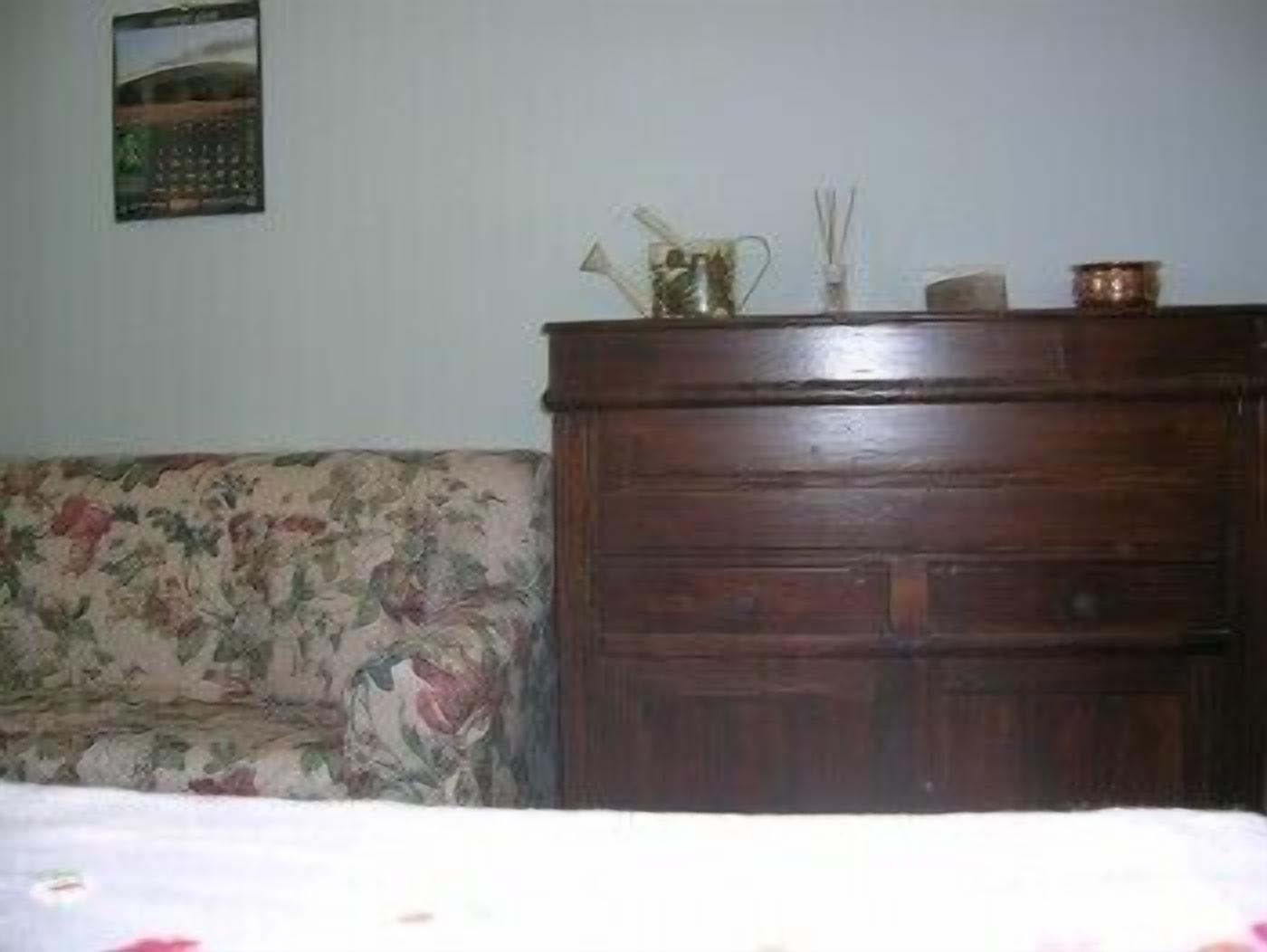 A room with a floral-patterned sofa, a wooden dresser, and a framed picture on the wall.