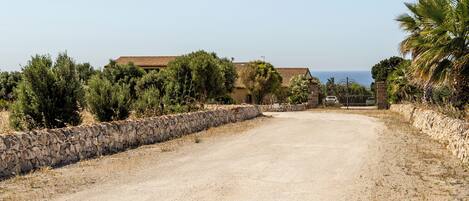 A gravel driveway leading to a stone wall with a gate, surrounded by vegetation and buildings with tiled roofs.
