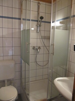 A small, enclosed shower area with a glass door, a toilet, and a sink. - Pension Waldkrieber (Hermagor-Pressegger See)