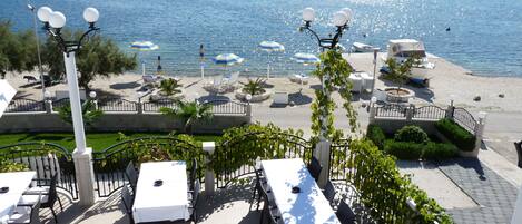 On the beach, sun-loungers, beach umbrellas, beach towels