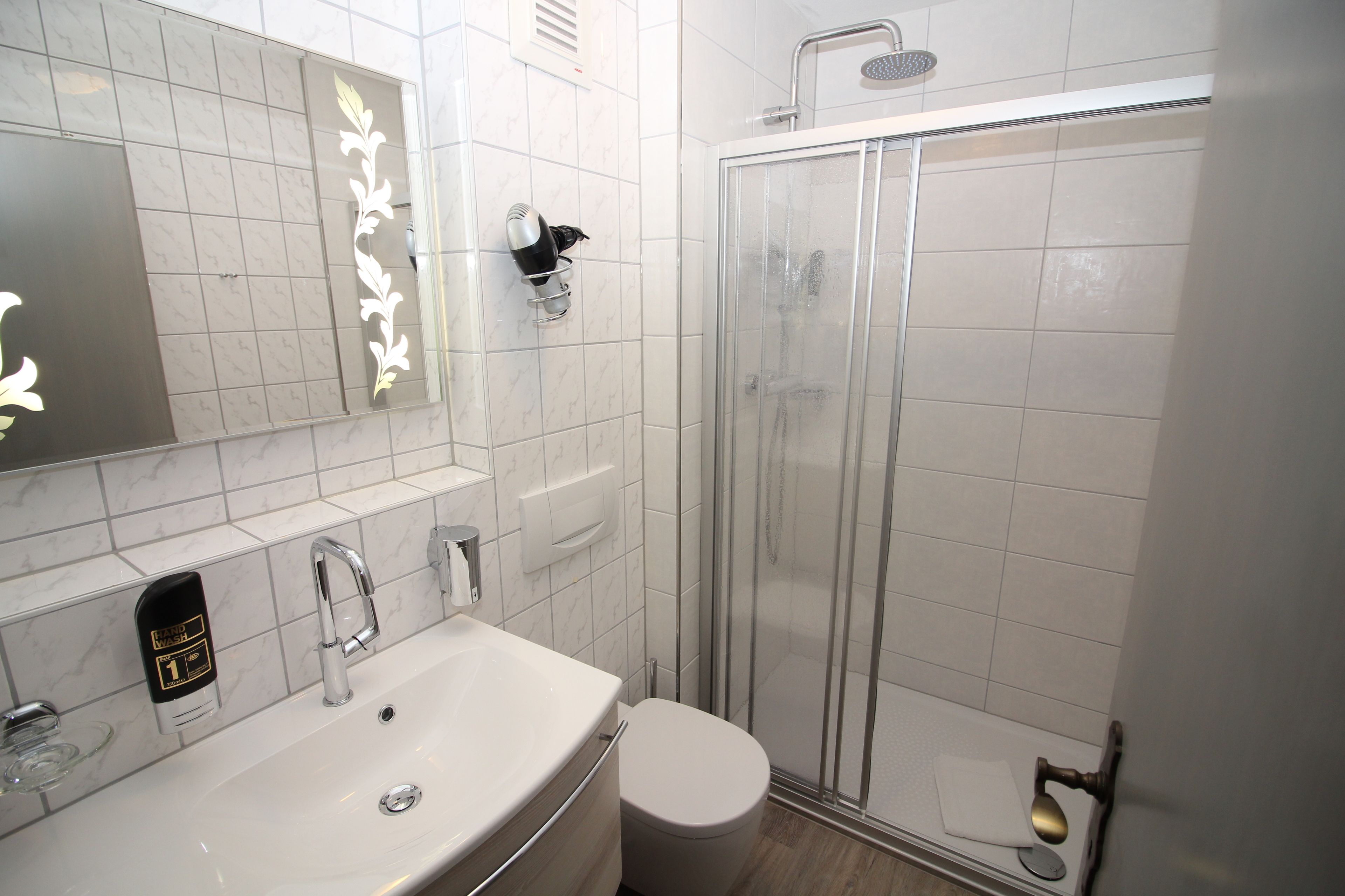 Un baño moderno con ducha envuelta en vidrio, un lavamanos blanco y un inodoro.