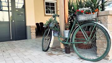 A green bicycle with a basket and potted plants, parked on a paved area in front of a building with a door and windows.