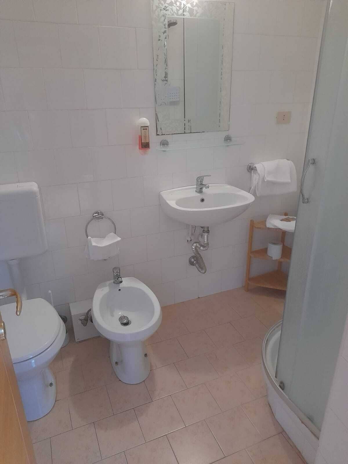 A bathroom with a toilet, bidet, sink, and a shower.