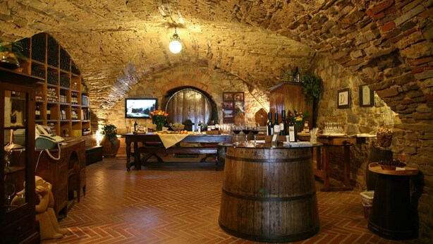 Ein rustikaler Keller mit Backsteinwänden, Holzbottichen und einer Steindecke. Ein Holztisch steht dort mit einer Weinflasche und Gläsern, und an der Wand ist ein Fernseher angebracht.