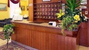 A reception desk with a wooden finish, a plant with yellow flowers, and framed certificates on the wall. - Hotel Florida (Montecatini Terme)