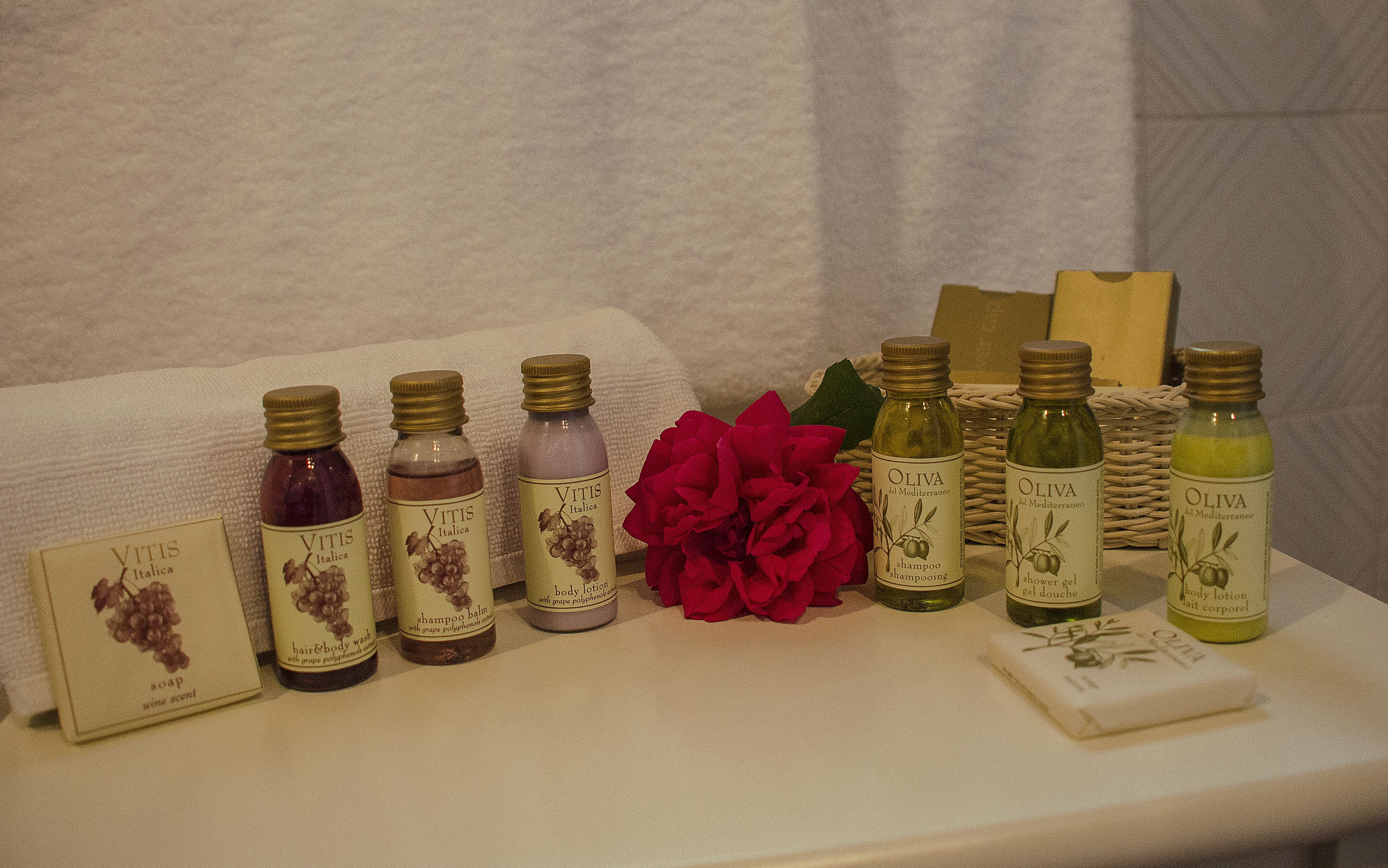 free toiletries, hair dryer, towels