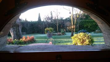 Vista a través de una ventana semicircular que muestra un jardín con césped, una planta en maceta y diversos arbustos.