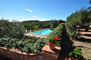 Piscina externa, guarda-sóis, espreguiçadeiras