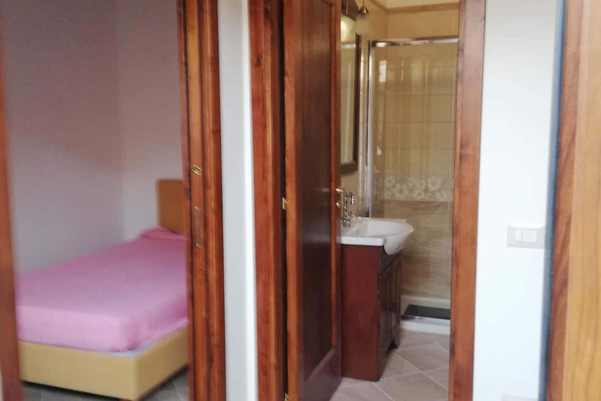 A bedroom with a bed, a bathroom with a sink, and a shower.