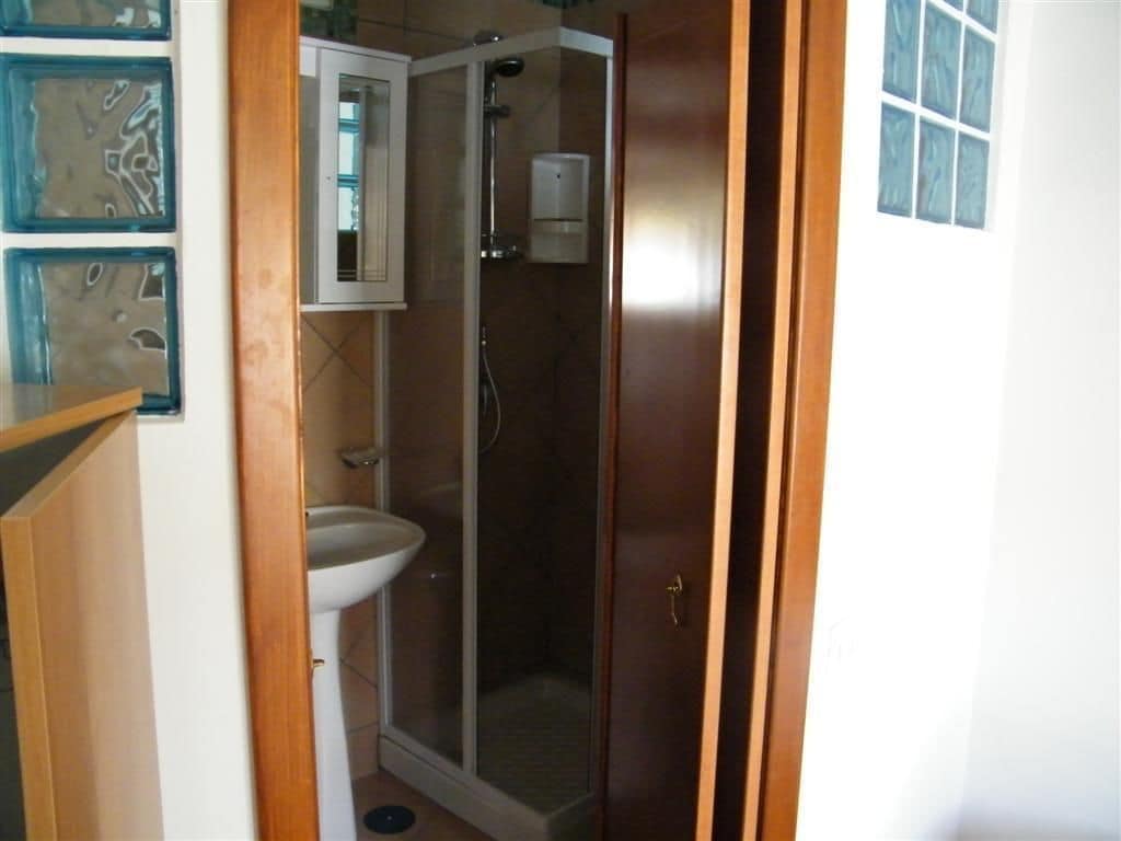 A bathroom with a glass-enclosed shower, a white sink, and a cabinet.