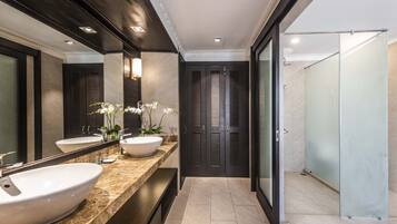 Un bagno moderno con due ampi lavandini bianchi, una porta in legno scuro e un box doccia in vetro.
