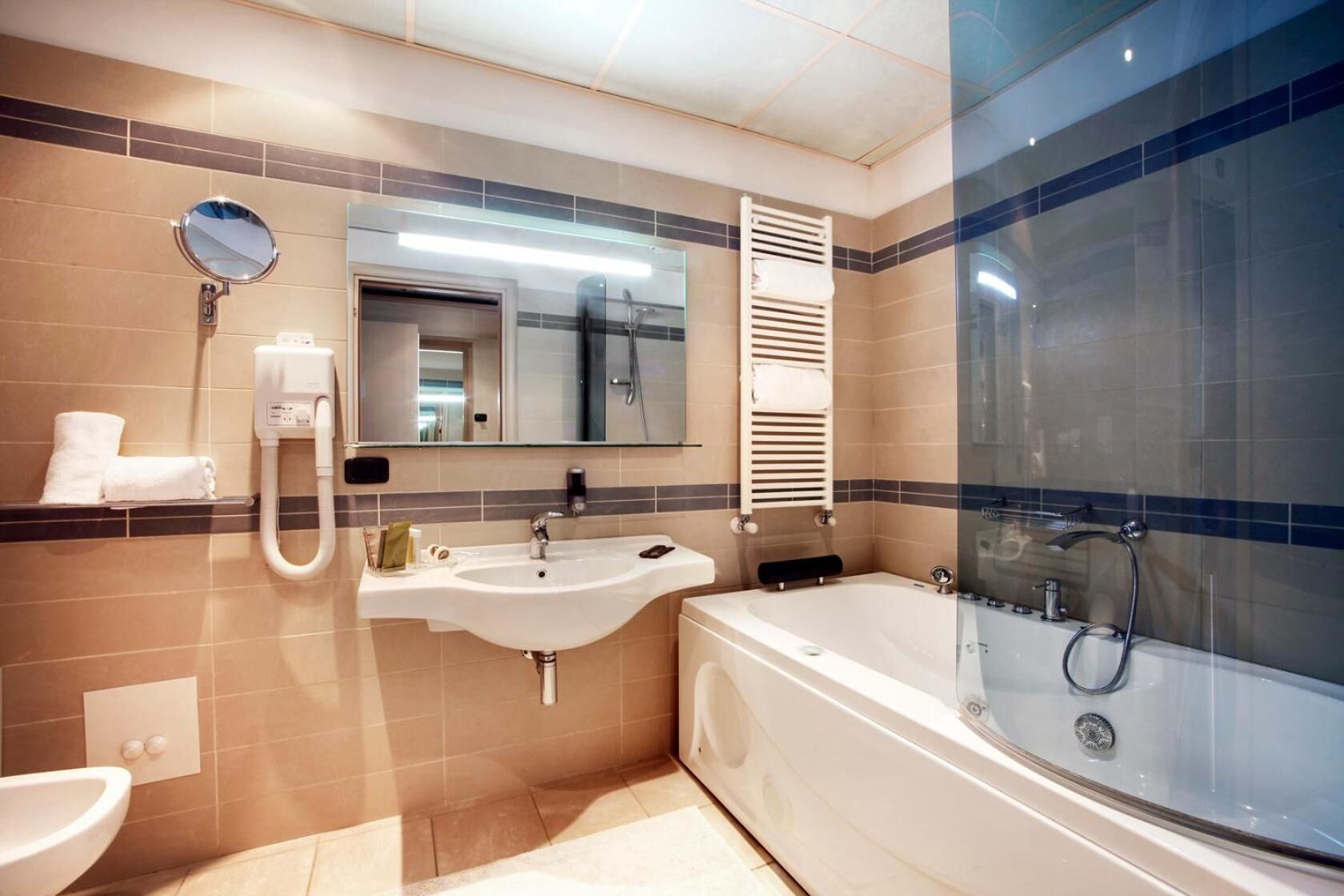 free toiletries, hair dryer, slippers, towels