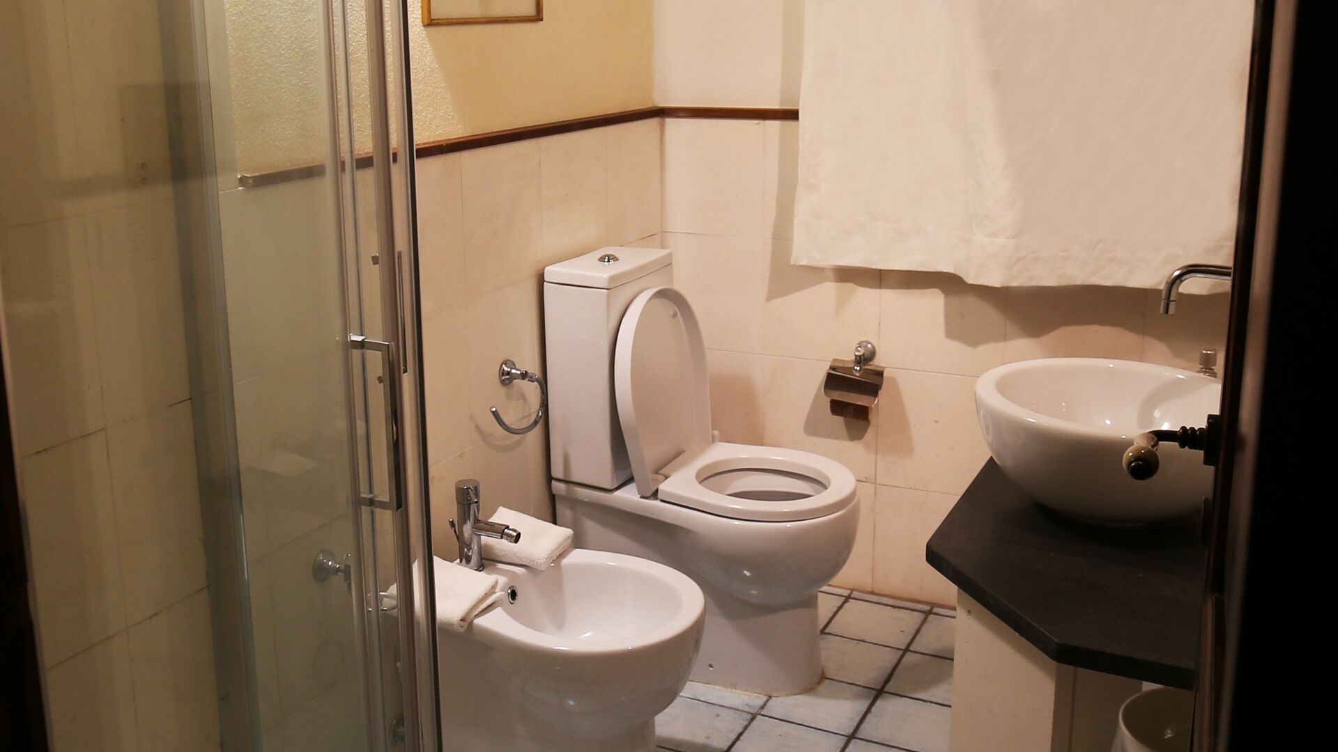 Un baño con dos inodoros, un lavabo y una cabina de ducha de vidrio.
