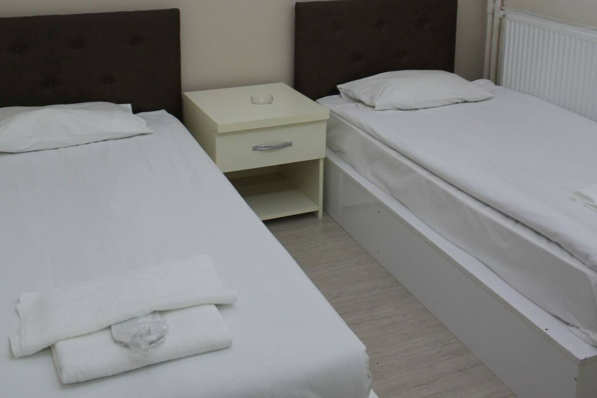 A hotel room with two beds, a nightstand, and a ceiling light.