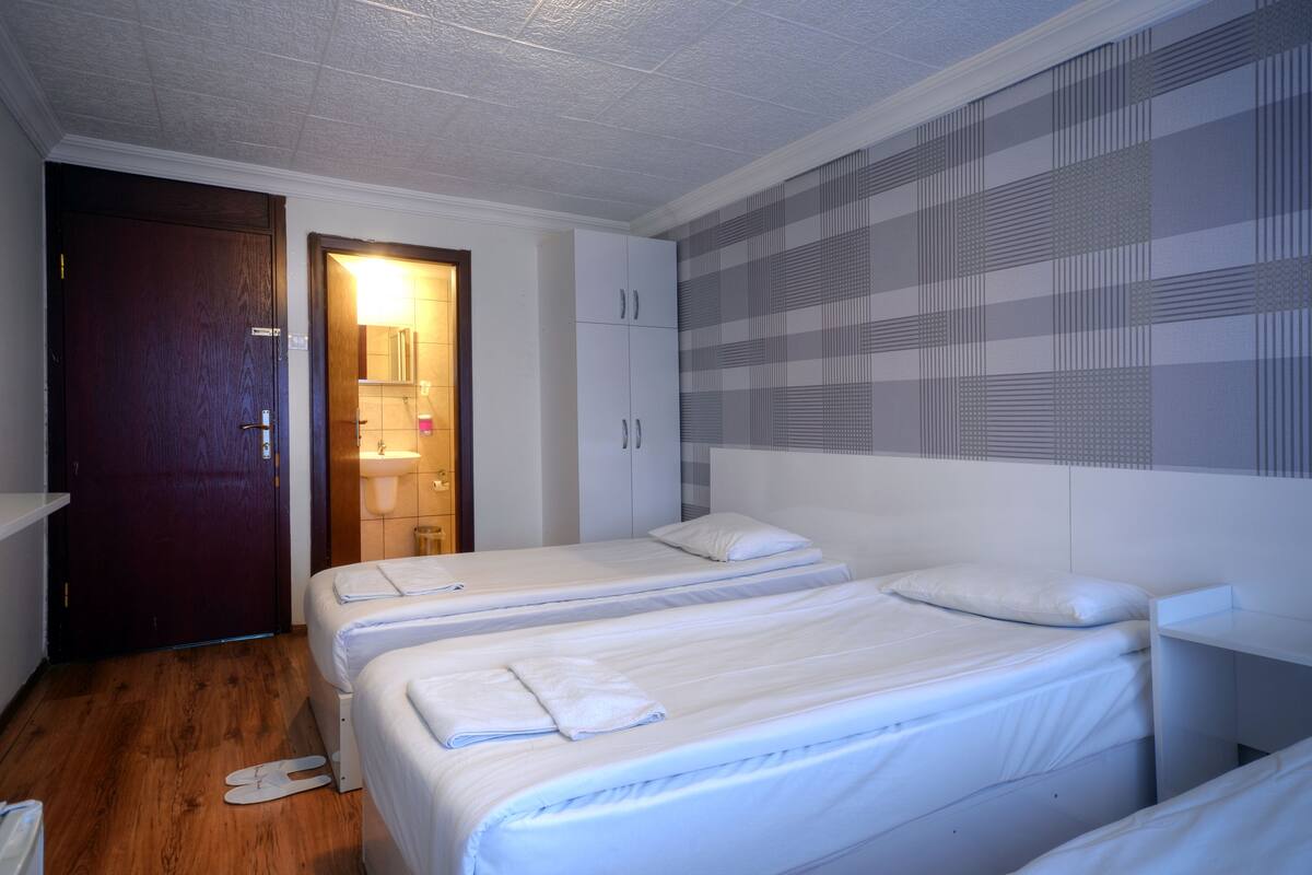 A hotel room with two single beds, a wardrobe, a bathroom with a mirror, and a check-in desk.