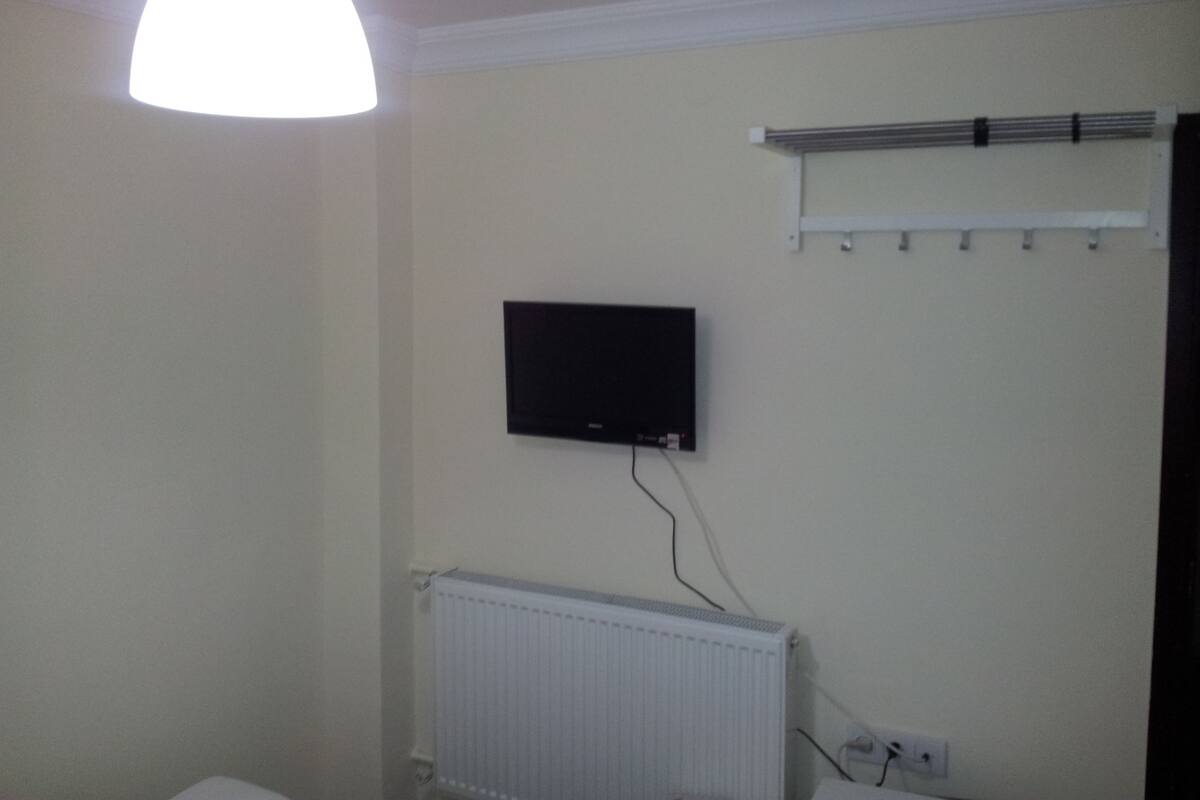 A room with a mounted television, a radiator, and a ceiling light fixture.
