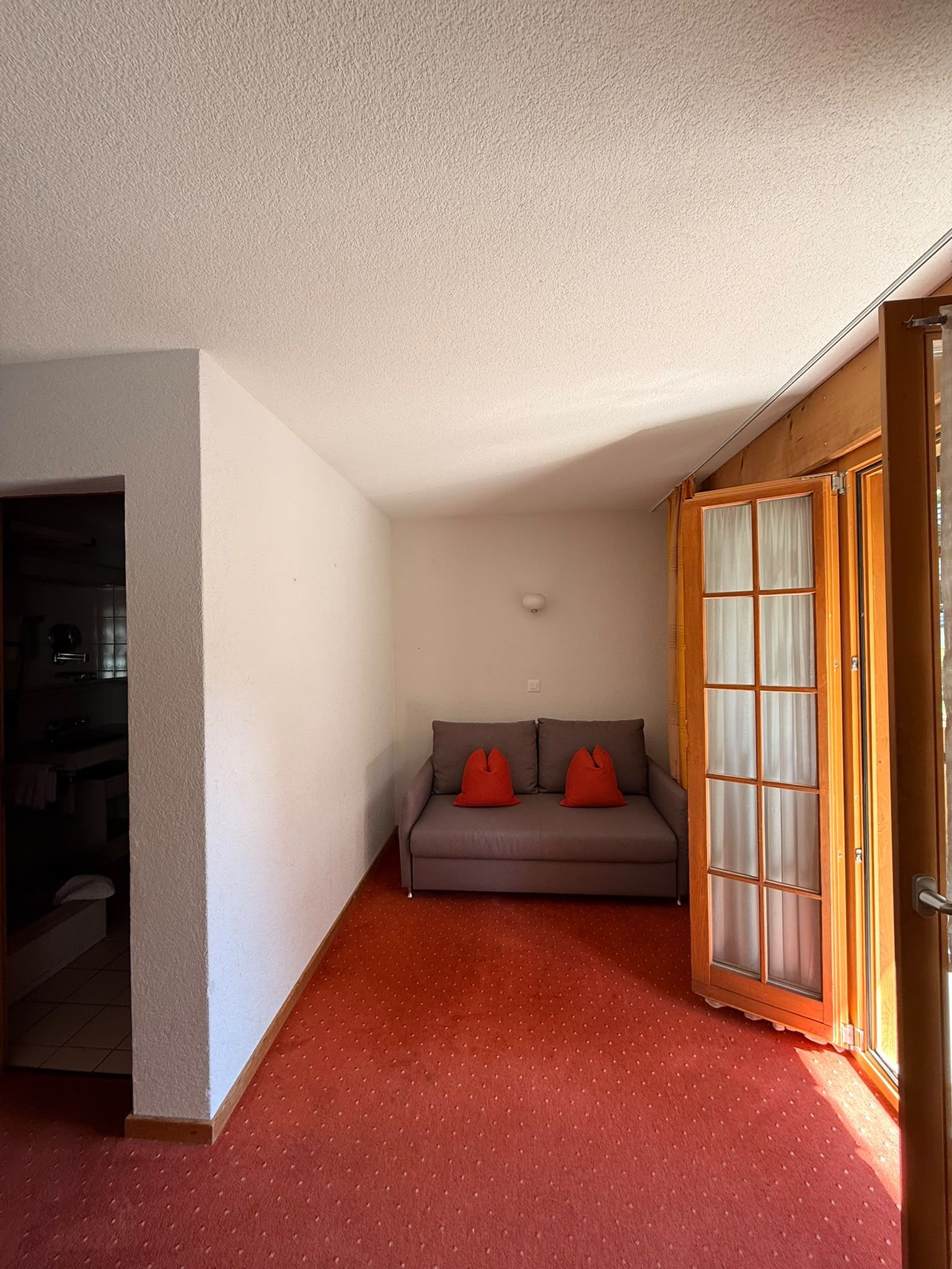Una habitación con alfombra roja, un sofá gris con cojines rojos, una puerta de madera con paneles de vidrio y un techo blanco.