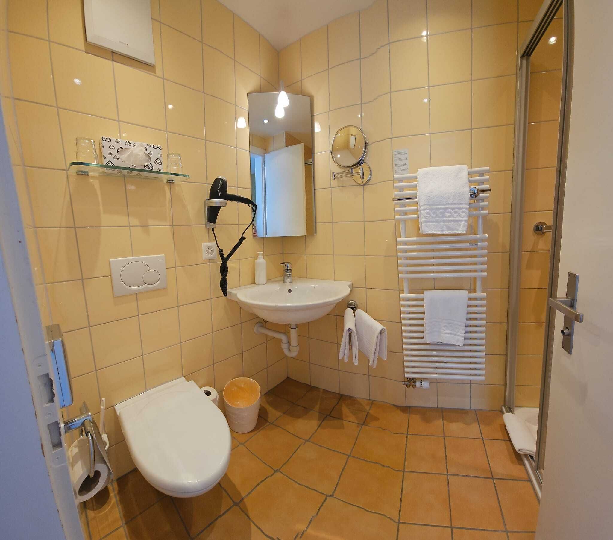 A bathroom with a toilet, sink, and towel rack.
