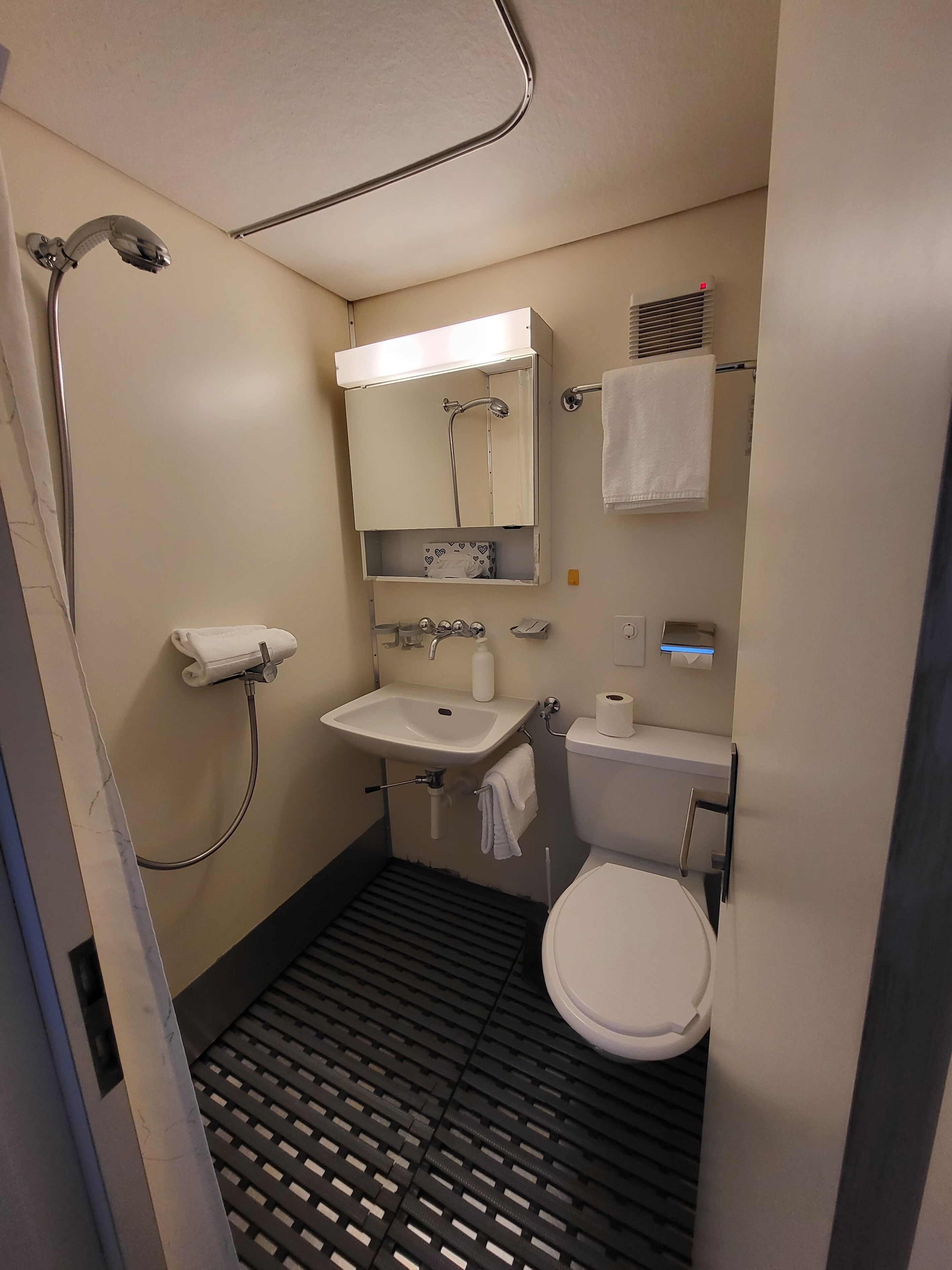 Une petite salle de bain comprenant une douche, un lavabo, des toilettes et un miroir au-dessus du lavabo.