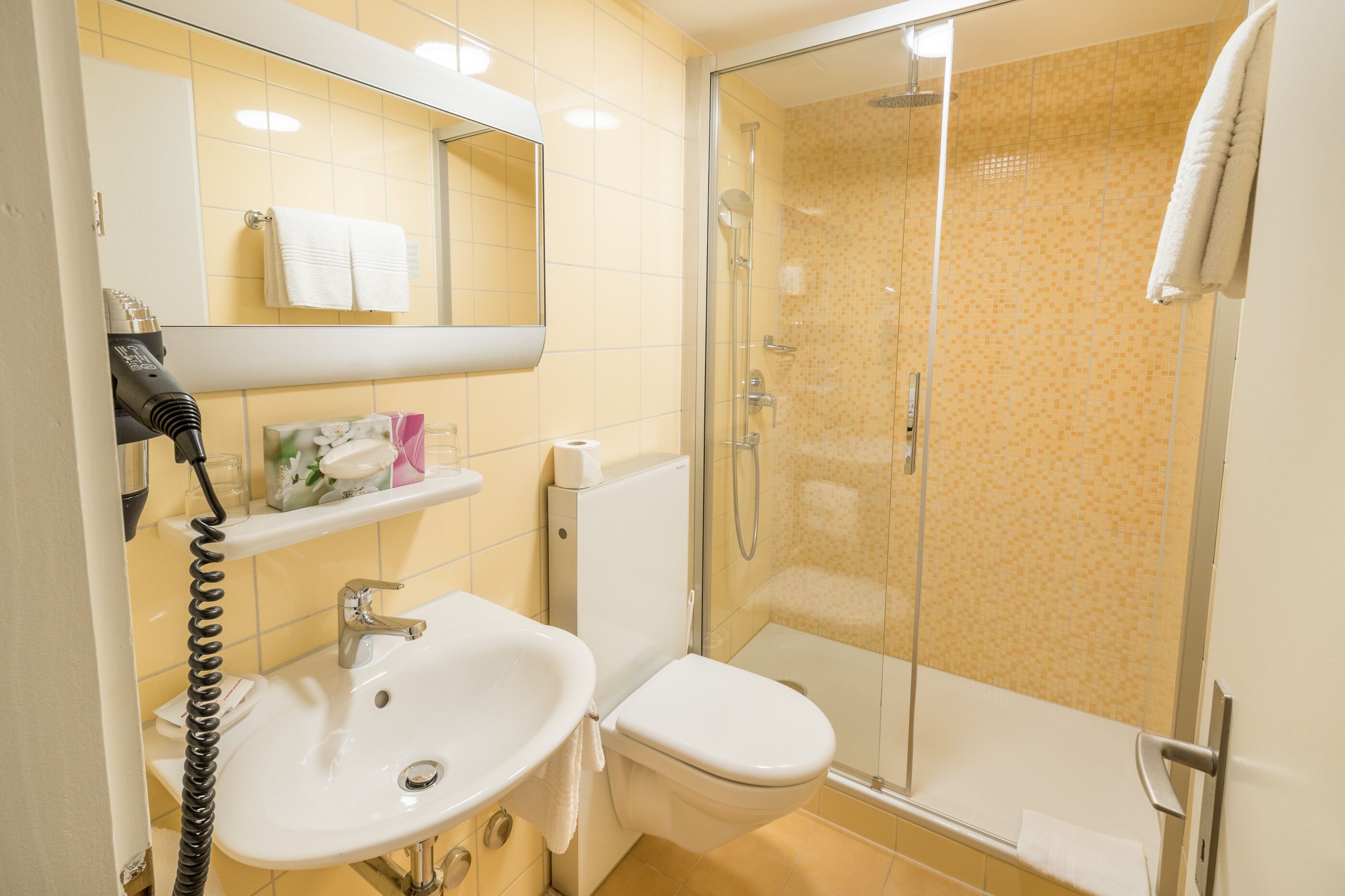 Un baño con lavamanos, inodoro y ducha con mampara de vidrio.
