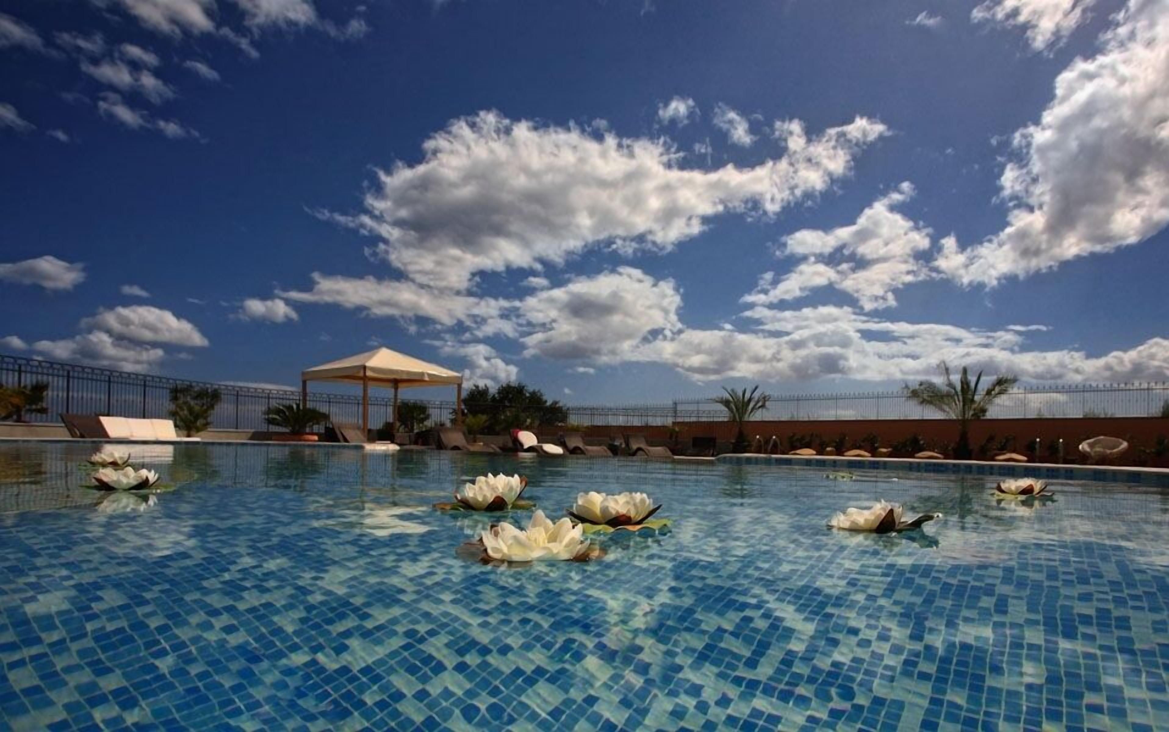 seasonal outdoor pool, pool umbrellas, pool loungers