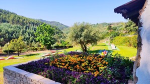 A garden with a variety of flowers and a golf course in the background. - Grande Hotel das Caldas da Felgueira (Nelas)