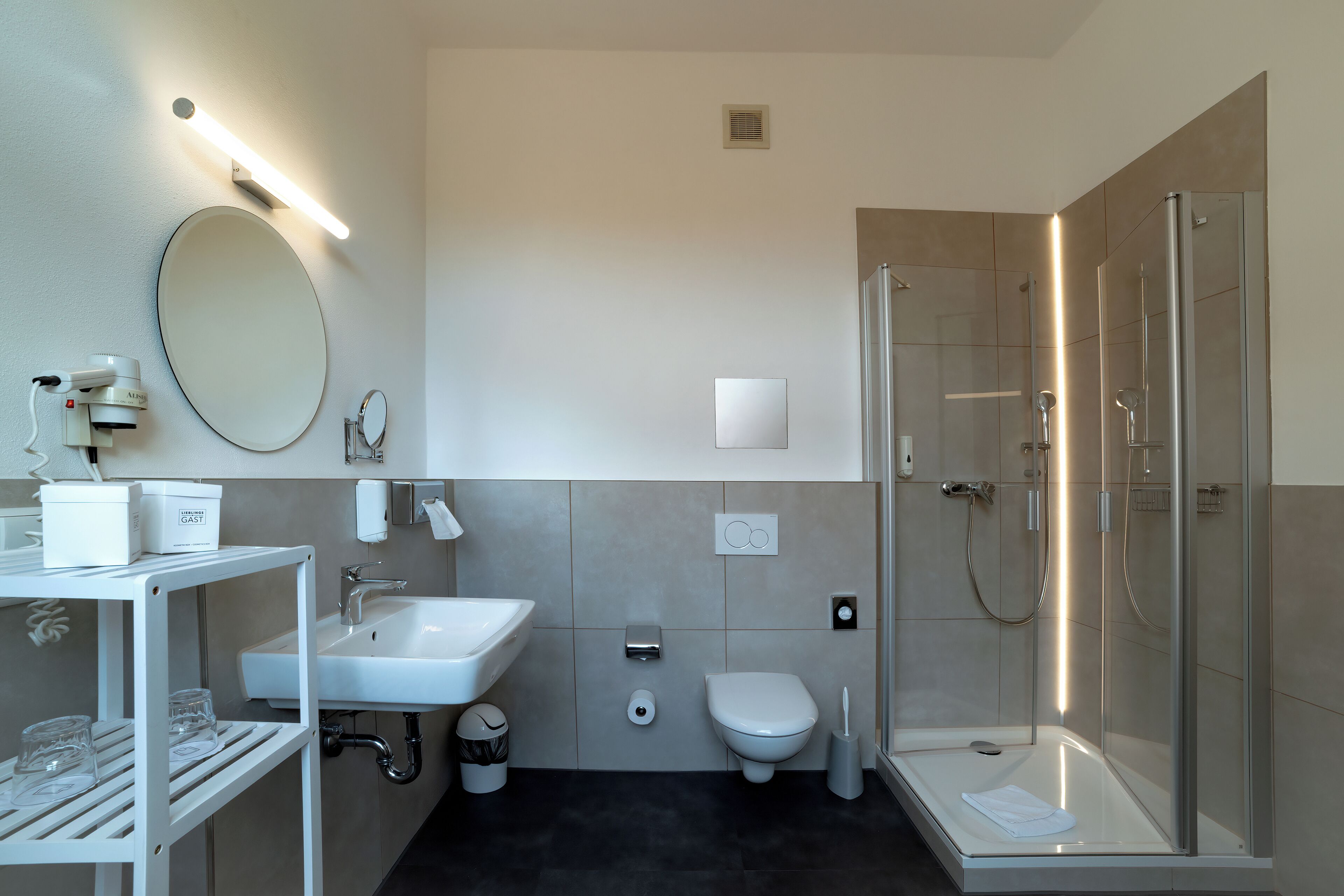 free toiletries, hair dryer, towels