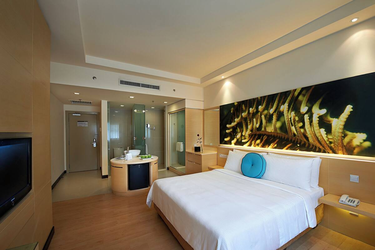 A hotel room with a bed, a bathroom, and a TV.