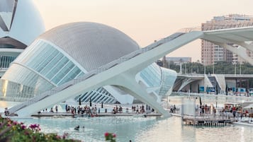 A modern architectural structure with a unique design, featuring a large dome and a bridge over a body of water.