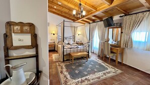 A bedroom with a four-poster bed, a wooden ceiling, and a large mirror.