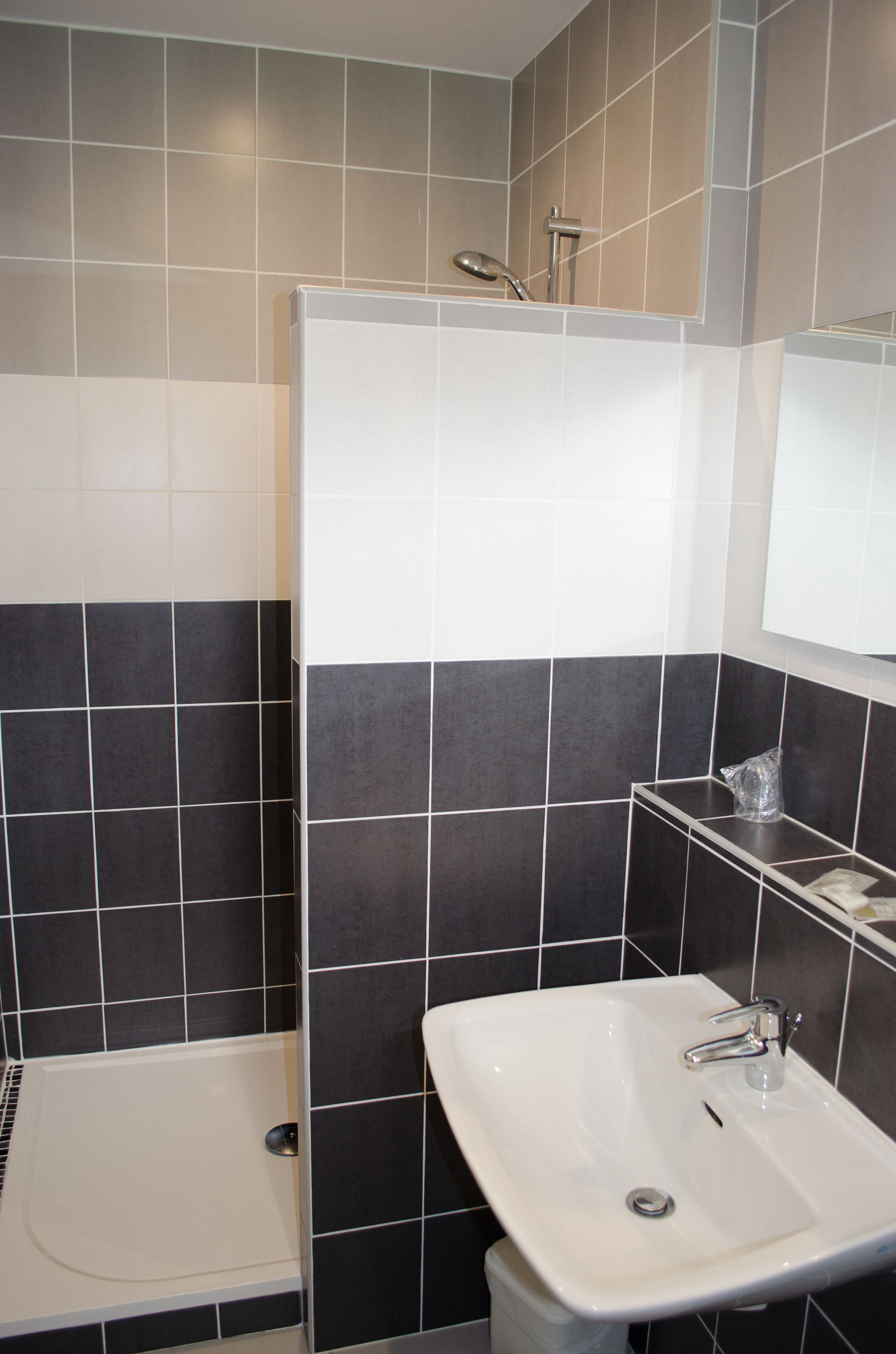 A bathroom with a shower, a sink, and a mirror.