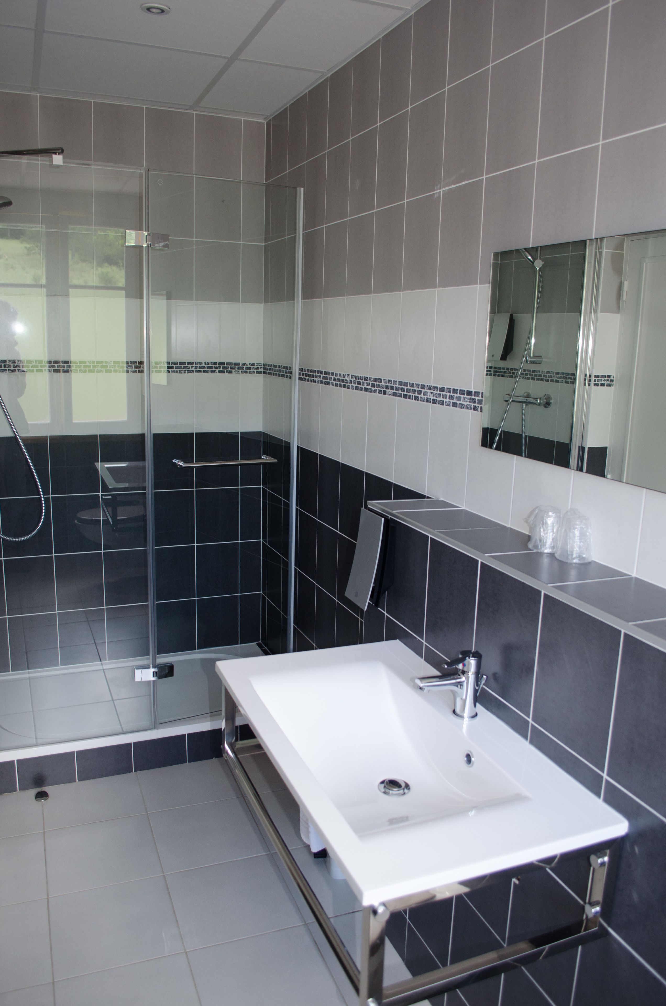 A modern bathroom with a glass-enclosed shower, a white sink, and a mirror above it.