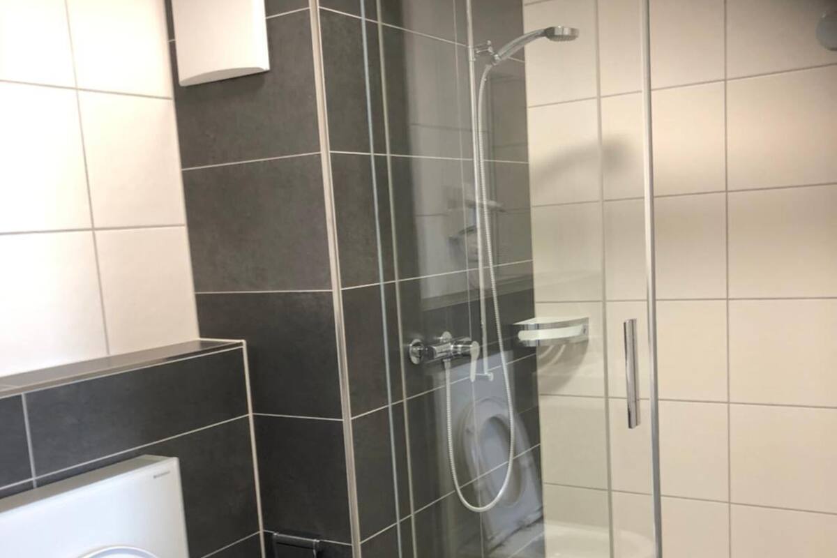 A modern bathroom with a glass-enclosed shower, a white toilet, and black tiled walls.
