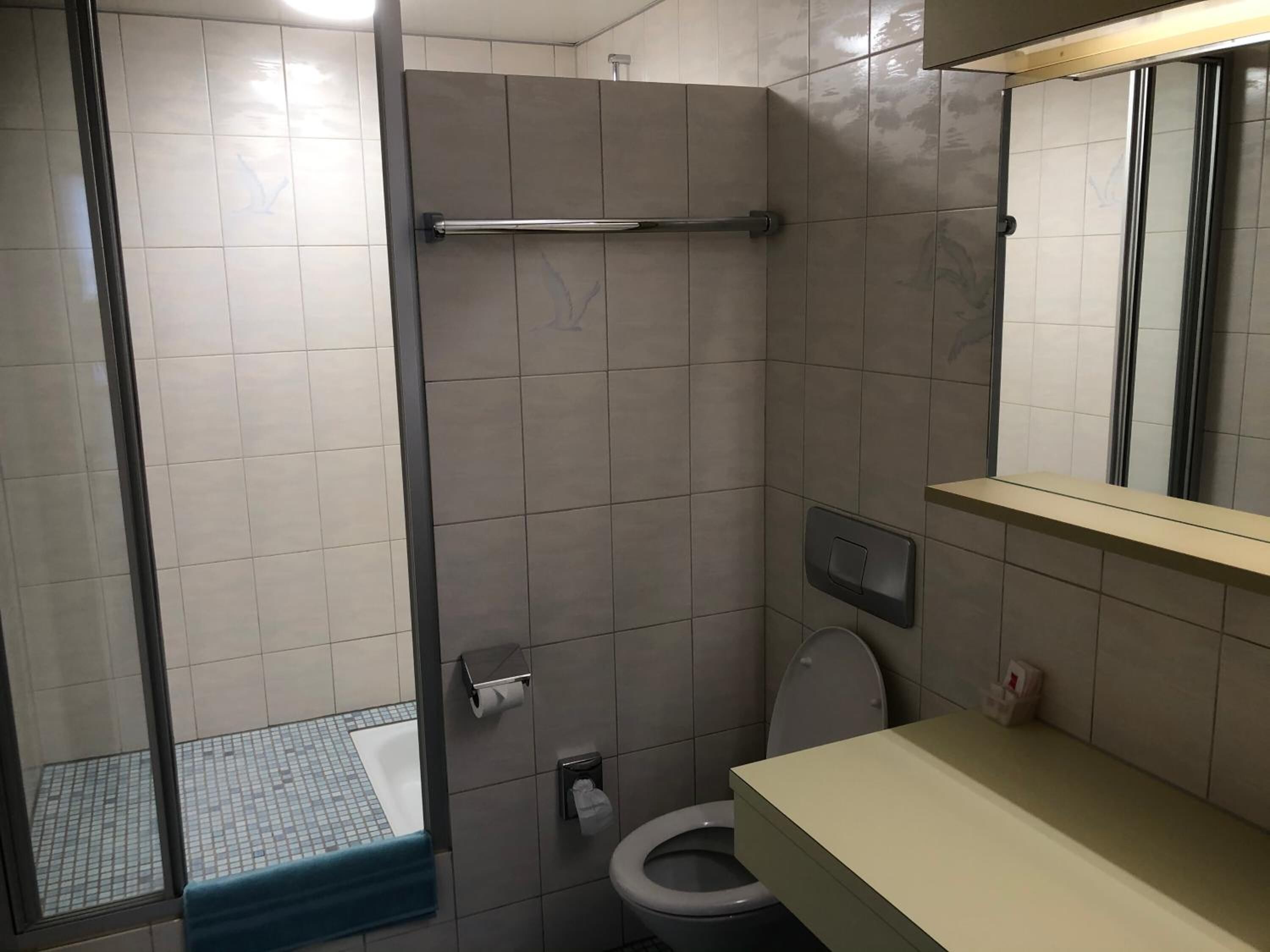Ein Badezimmer mit Dusche, Toilette und Waschbecken.