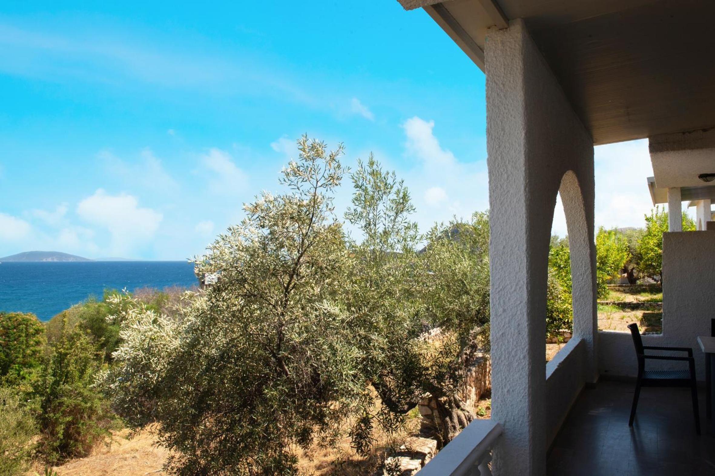 Ein Balkon mit Blick auf das Meer und Olivenbäume.