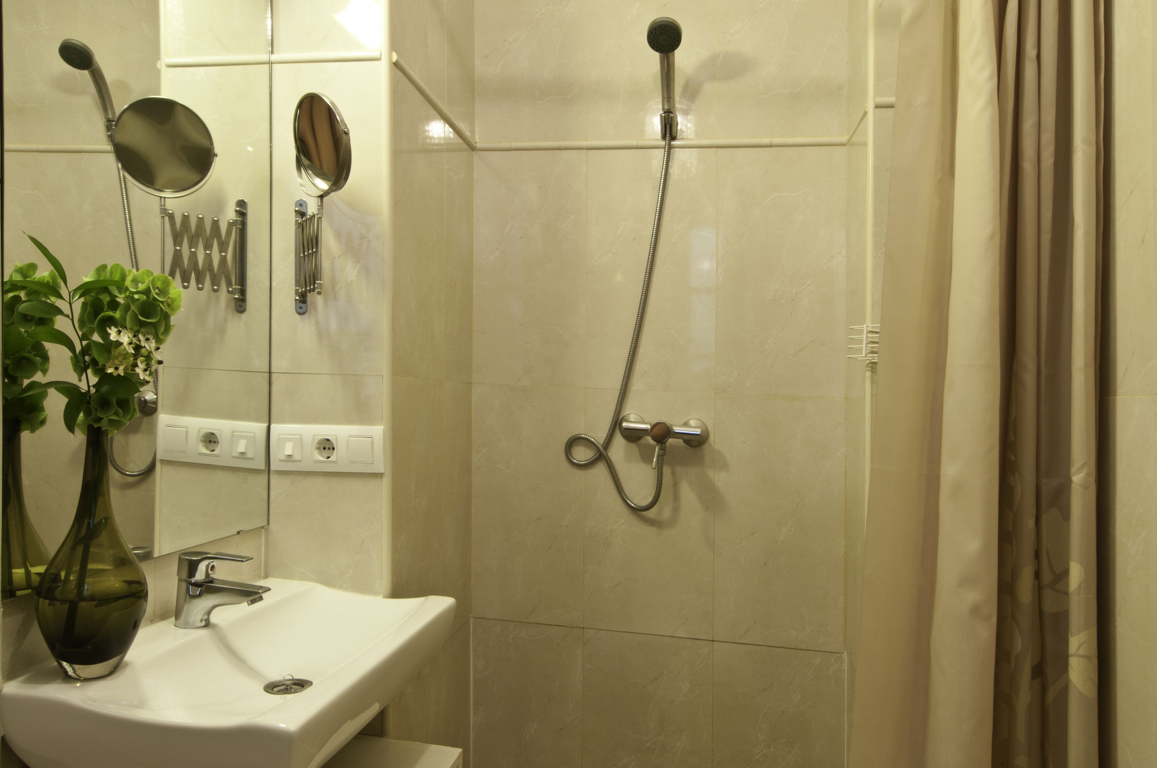Un baño con lavamanos, espejo, ducha y una planta en maceta.