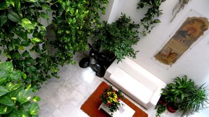 Une pièce avec un canapé blanc, un petit tapis orange et diverses plantes en pot.