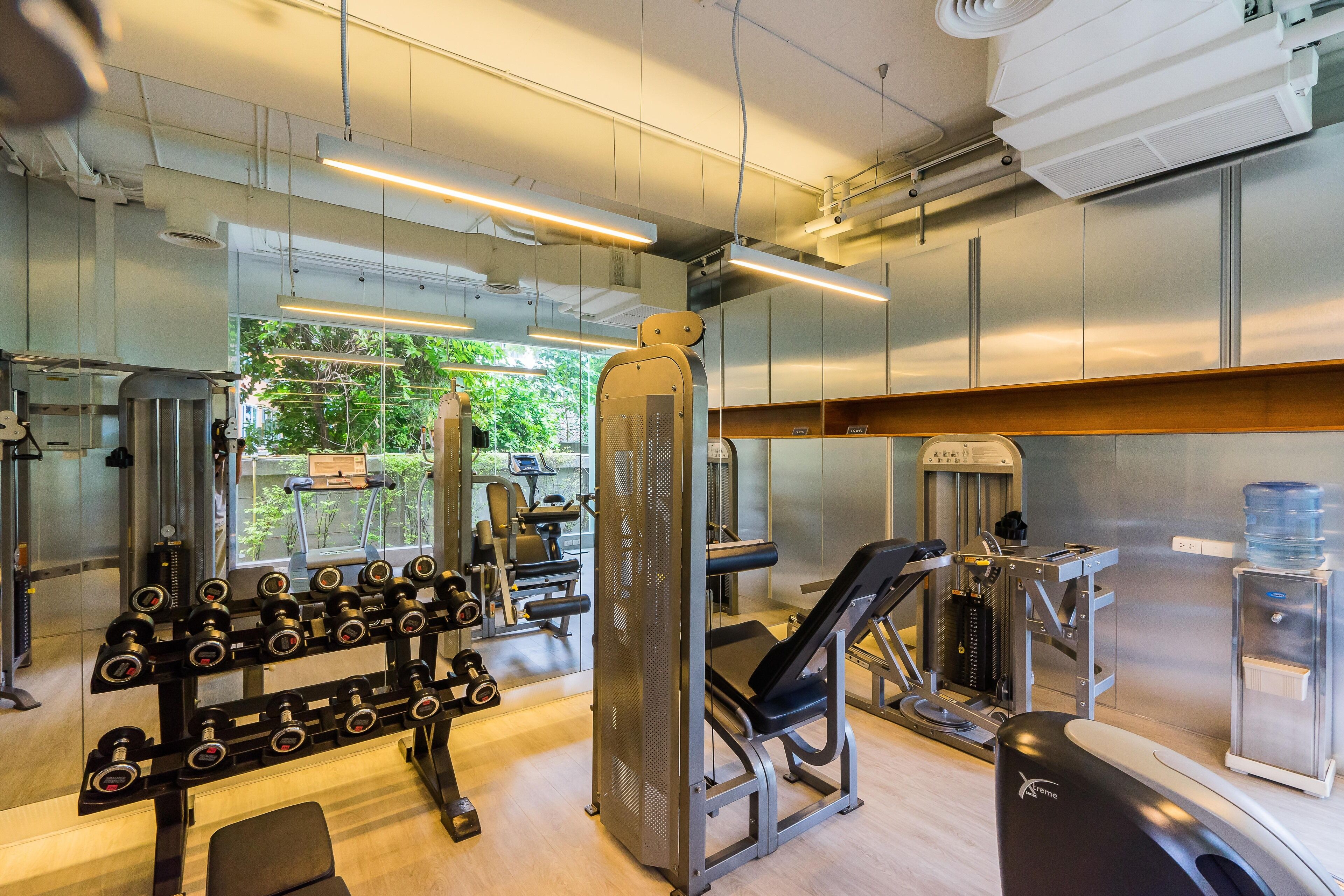 A modern gym with various exercise equipment, large windows, and a view of greenery outside.