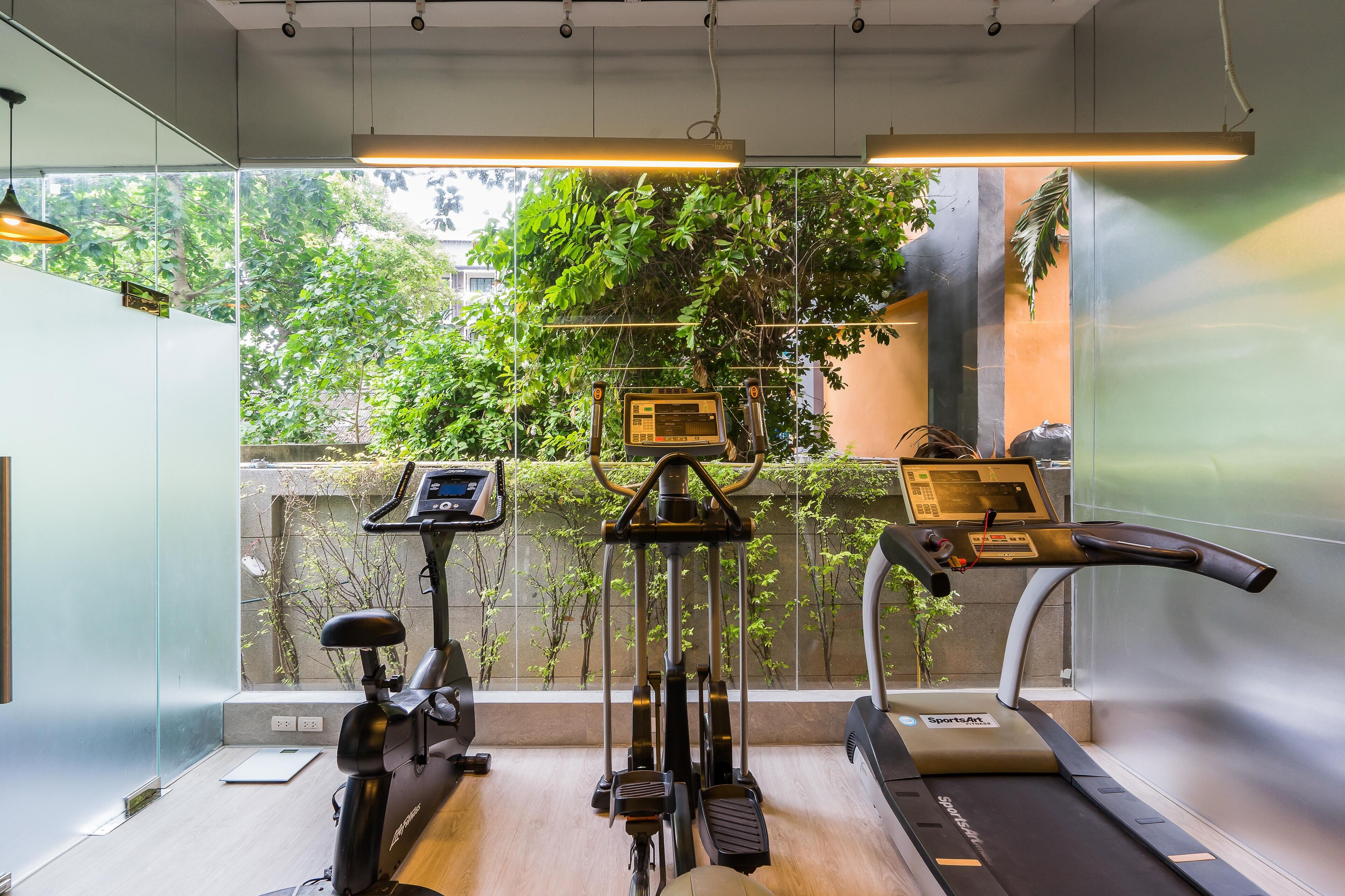 A modern gym with cardio equipment, a treadmill, and an elliptical machine.