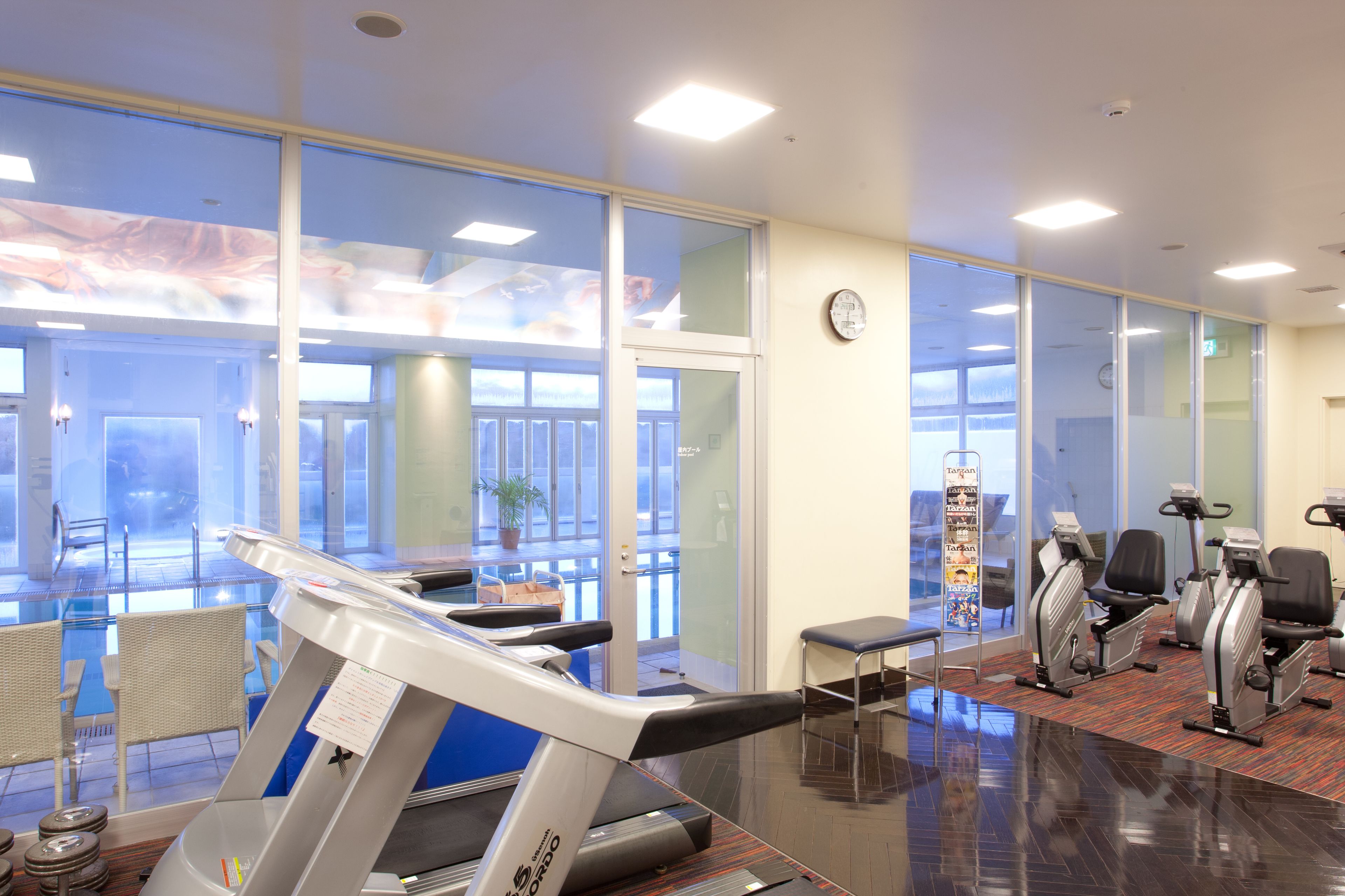 Un gimnasio con cintas de correr, bicicletas estáticas y sillas de ejercicio.