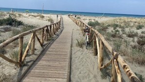 Un muelle de madera que lleva a una playa con cielo despejado.