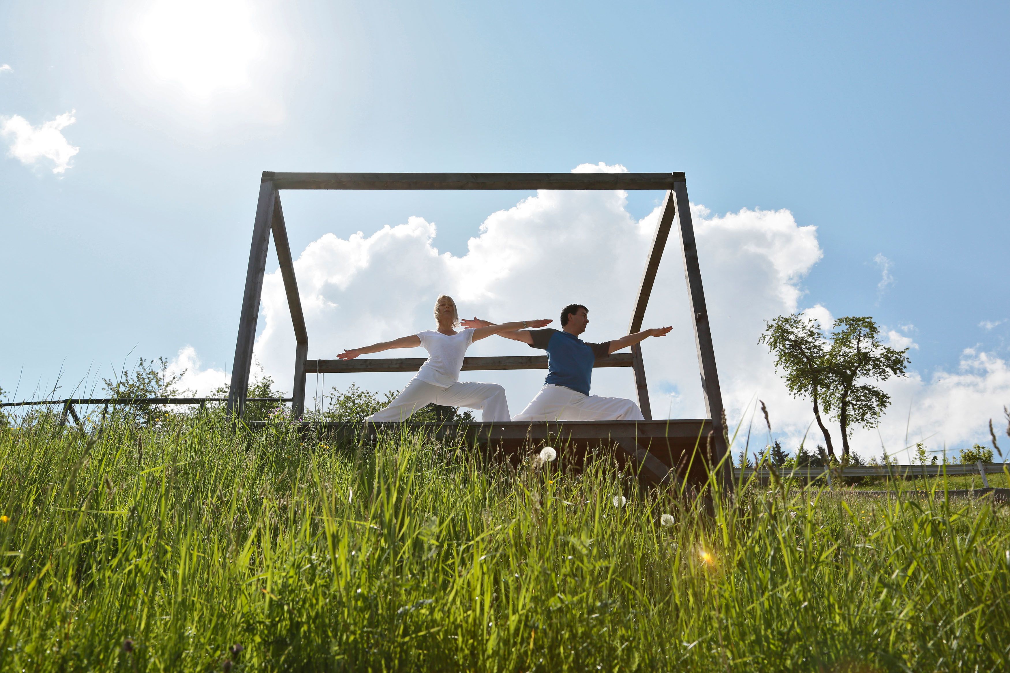 Two people performing yoga in an outdoor setting with a metal frame structure, surrounded by grass and trees.