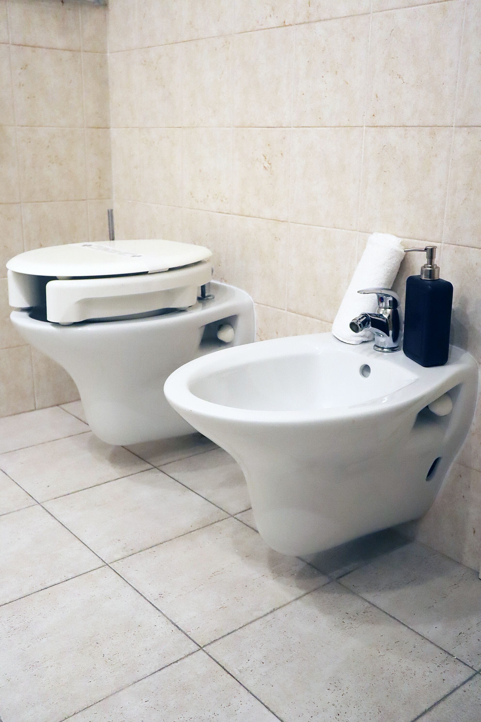 Une salle de bain équipée de toilettes, d’un bidet et d’un lavabo.