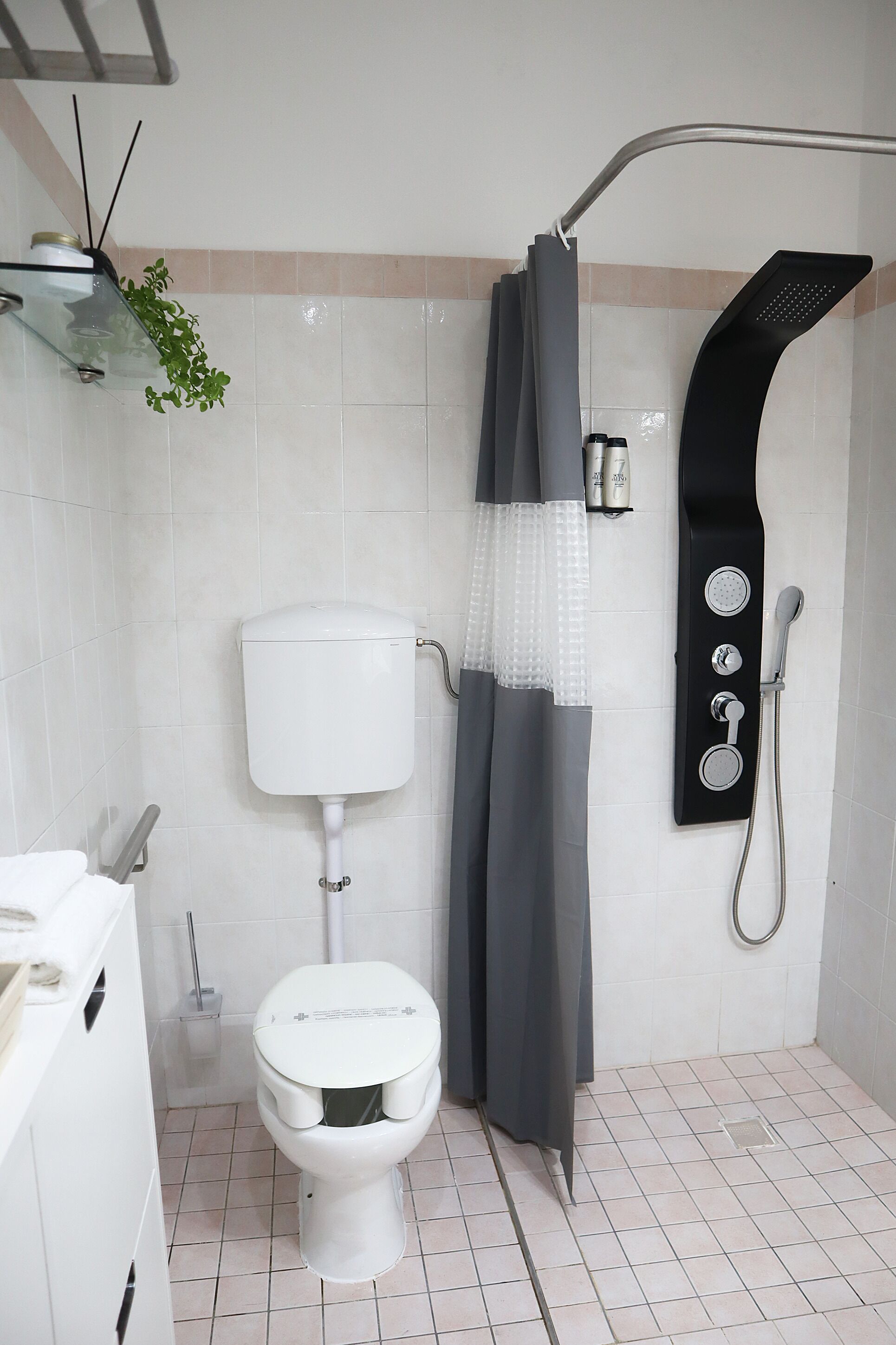 Une salle de bain moderne équipée de toilettes, d’une douche et d’une étagère en verre où sont rangés les articles de toilette.