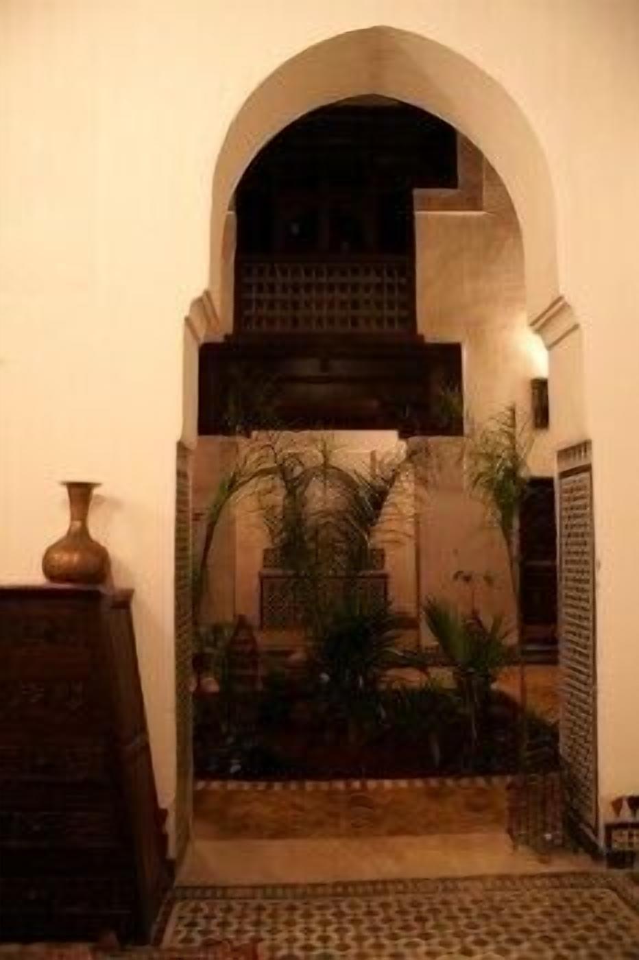 Un arco de entrada da a una escalera con piso estampado, rodeada de plantas en macetas y un jarrón decorativo.