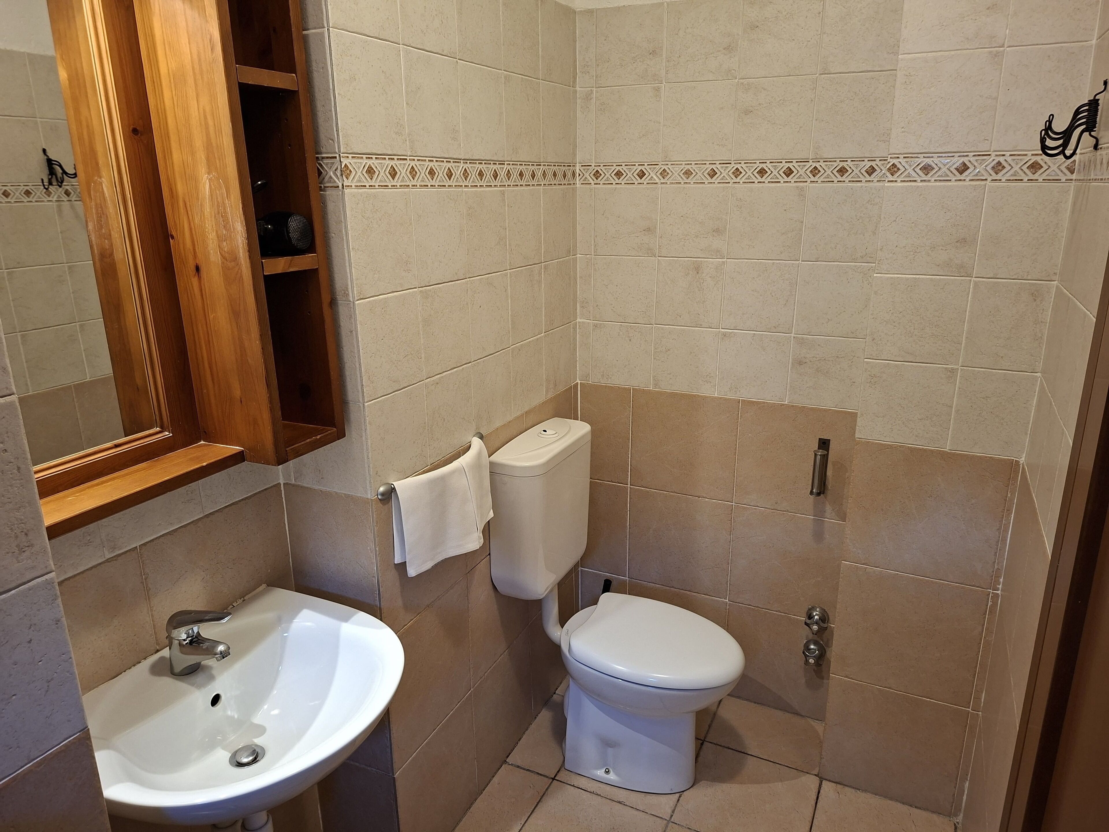 Een badkamer met een wastafel, toilet en spiegel.
