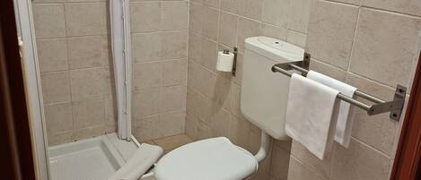A bathroom with a shower, toilet, and sink.