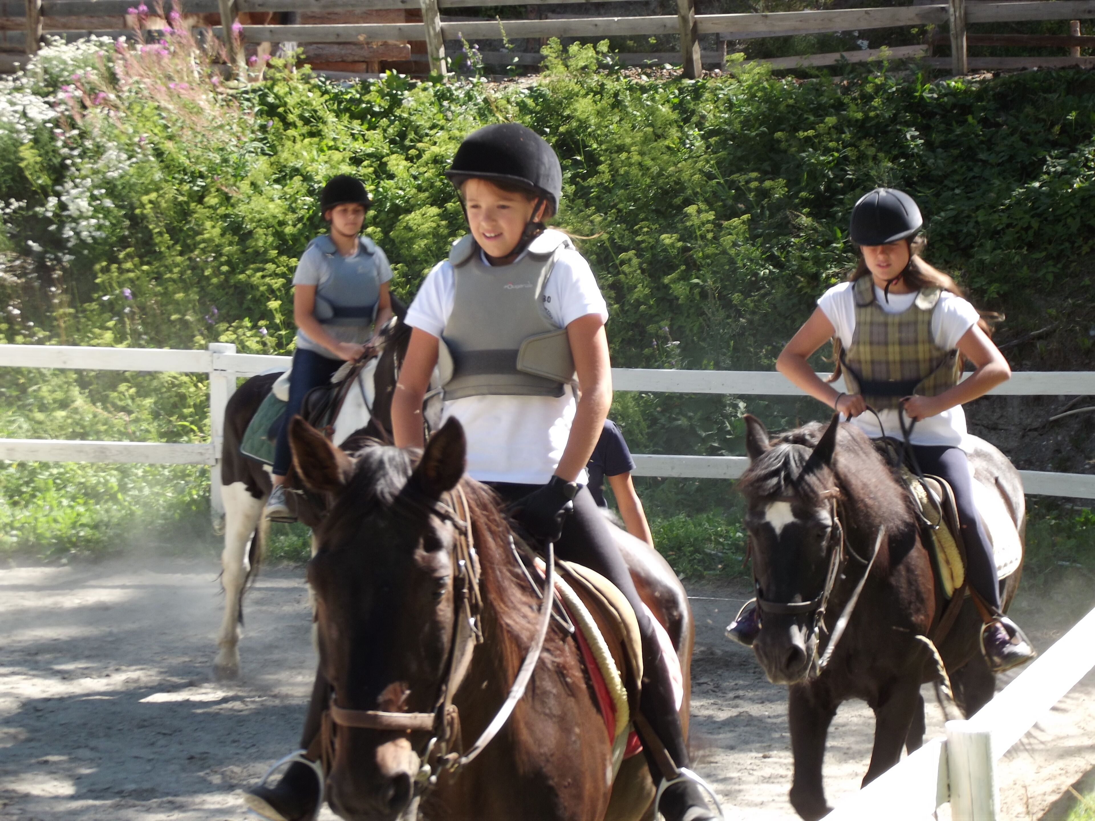 Drei Personen reiten Pferde in einer Reithalle im Freien, mit weißem Zaun und Grün im Hintergrund.