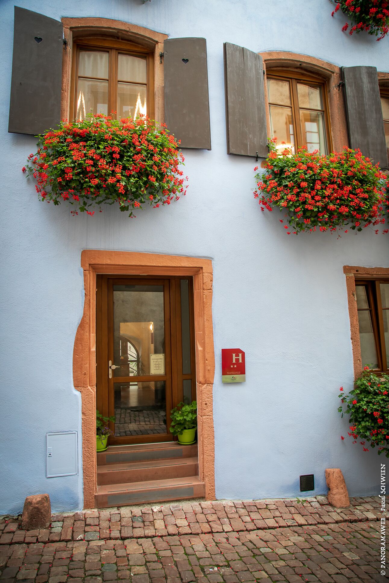 A building with a light blue exterior, a wooden door with steps leading to the entrance, and flower boxes with red flowers on the windowsills.