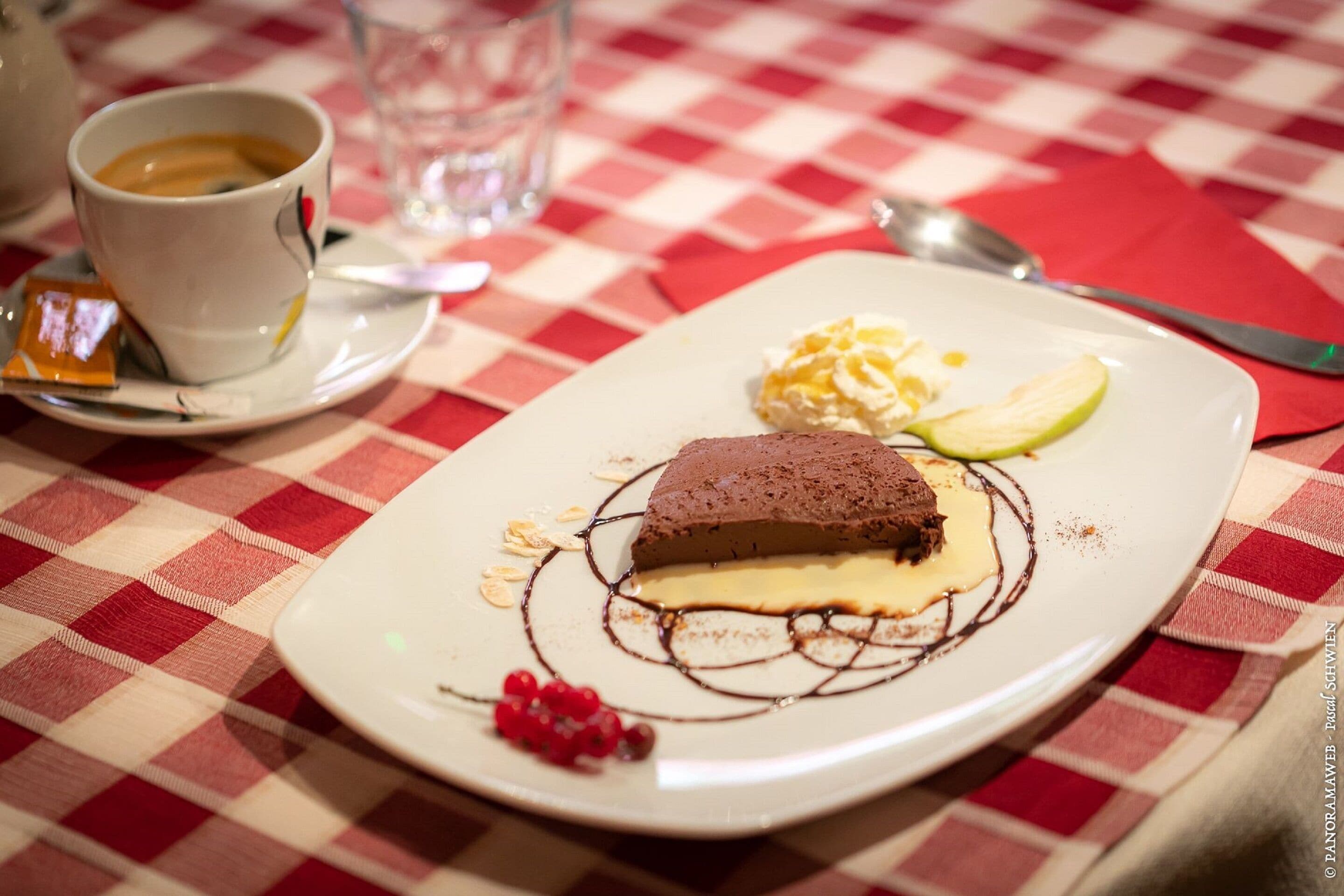 A dessert plate with a chocolate cake, whipped cream, and a slice of apple on a checkered tablecloth.